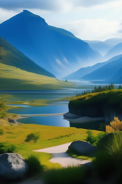 Un paesaggio montano con un lago e montagne sullo sfondo.