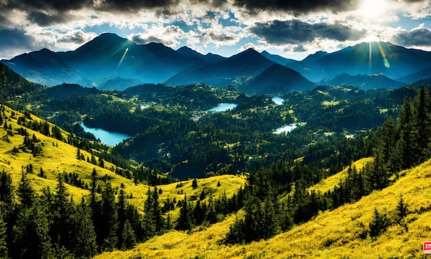 Un paesaggio montano con un lago e montagne sullo sfondo