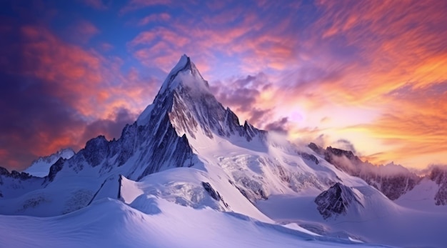 un paesaggio montano con un tramonto sullo sfondo