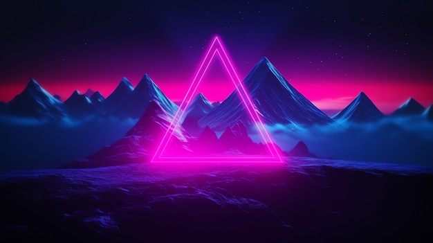 Un paesaggio montano con un triangolo al neon al centro.