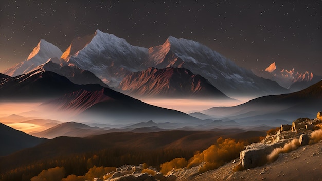 Un paesaggio montano con una montagna sullo sfondo