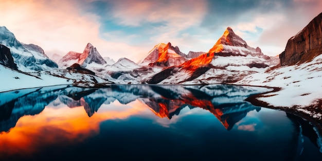 Un paesaggio montano innevato con un riflesso delle montagne nell'acqua.