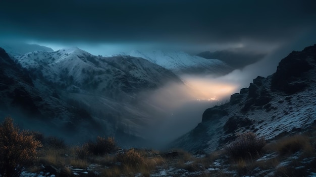 Un paesaggio montano innevato con una luce in cima