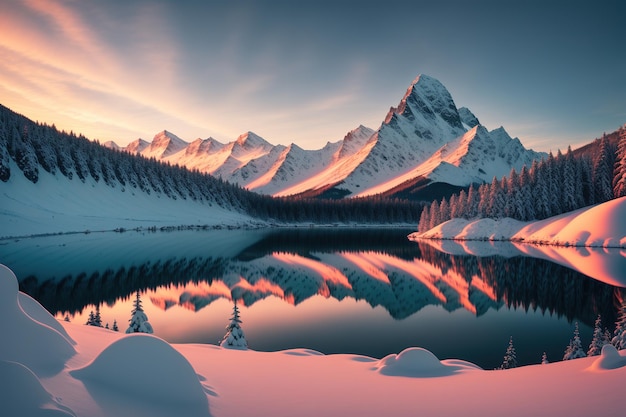 Un paesaggio montano innevato con una montagna innevata sullo sfondo