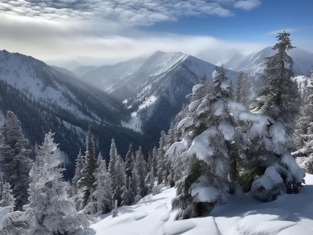 Un paesaggio montano innevato con una montagna innevata sullo sfondo.