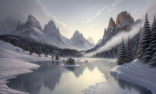 Un paesaggio montano innevato con una montagna innevata sullo sfondo.