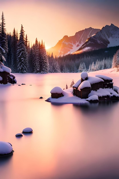 Un paesaggio montano innevato con una montagna sullo sfondo