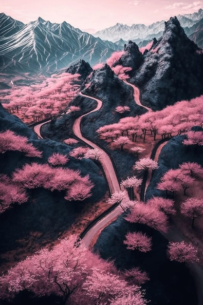 Un paesaggio montano rosa con una strada e montagne con un albero rosa sulla sinistra e una montagna rosa sullo sfondo.