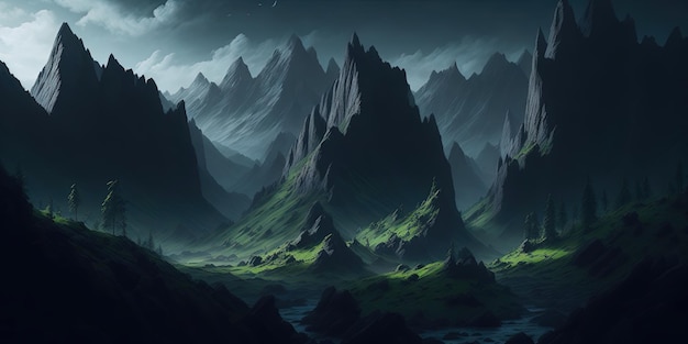 Un paesaggio montano scuro con una montagna verde e un cielo blu con un campo verde e le parole "la parola" sul fondo.