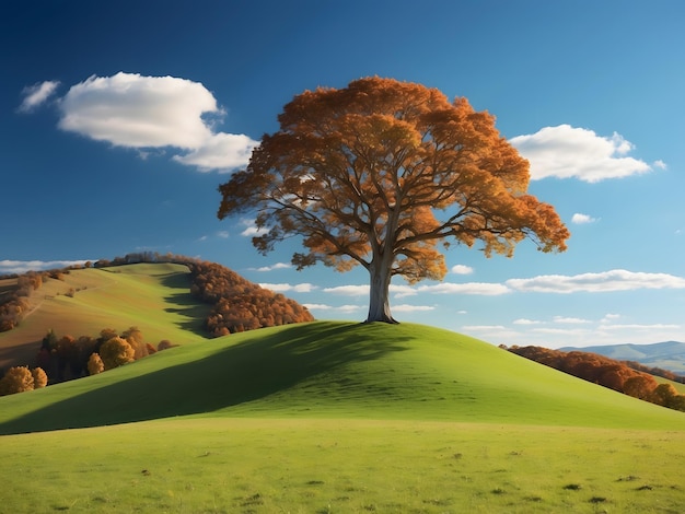 Un paesaggio mozzafiato con una vasta distesa di cielo blu limpido colline verdi ondulate e un singolo majes