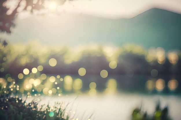 Un paesaggio naturale con bokeh morbido e sfondo sfocato, piante verdi e acqua. IA generativa