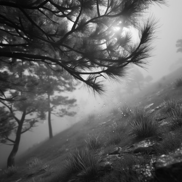 Un paesaggio nebbioso con alberi e un sole che splende sul terreno.