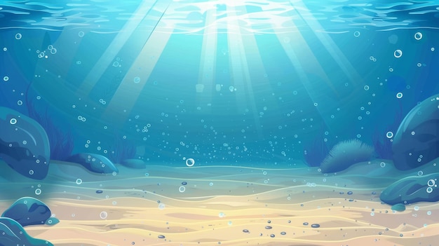 Un paesaggio oceanico sottomarino con bolle e raggi di sole su un fondo marino sabbioso Paesaggio sottomarino moderno di mare o oceano con acque profonde e riflessi blu e chiari