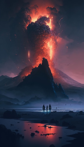 Un paesaggio oscuro con un vulcano e due persone in piedi davanti ad esso.