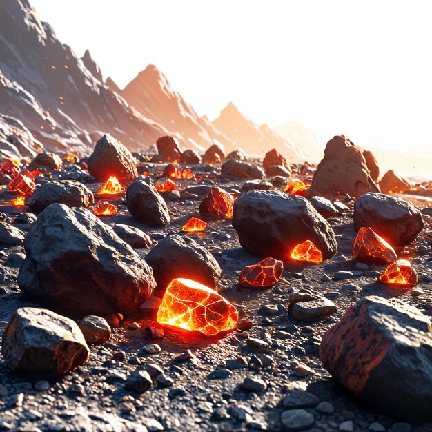 Un paesaggio roccioso con numerosi cristalli rossi luminosi sparsi sul terreno sullo sfondo di montagne sotto un cielo limpido