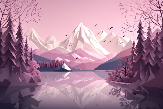 Un paesaggio rosa con montagne e alberi in primo piano.