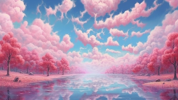 Un paesaggio rosa con un lago e un cielo rosa con nuvole