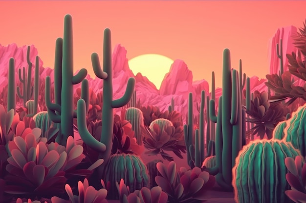 Un paesaggio rosa e arancione con cactus e montagne.