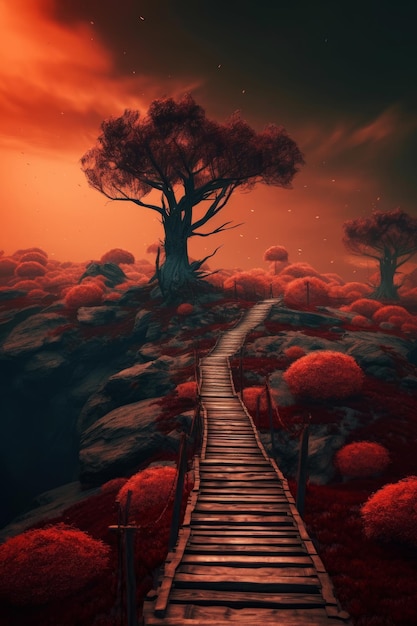 Un paesaggio rosso con un ponte e alberi