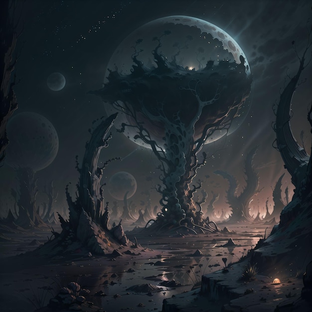 Un paesaggio scuro con un albero a sinistra e un pianeta a destra.