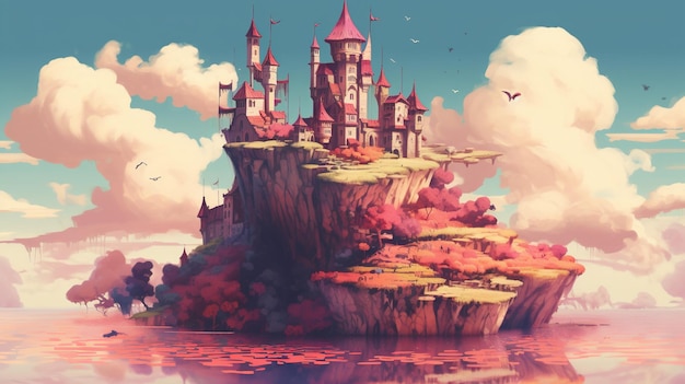 Un paesaggio surreale con un castello galleggiante Fantasy concept Pittura illustrativa IA generativa