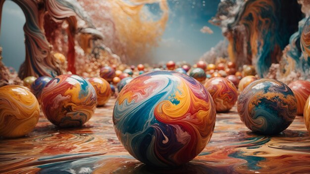 Un paesaggio surreale di globi di vernice che girano, ciascuno un'opera d'arte unica e intricata.
