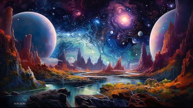Un paesaggio surreale di un multiverso con colori vivaci e galassie vorticose
