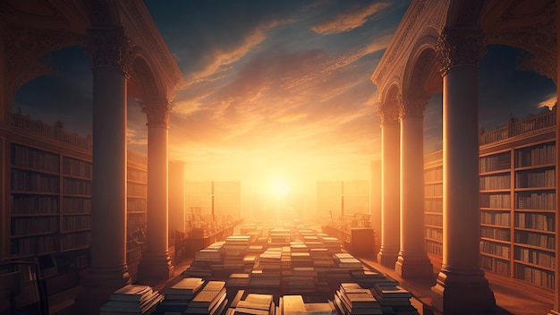 Un paesaggio surreale di una biblioteca piena di libri di filosofia con il sole che tramonta sullo sfondo