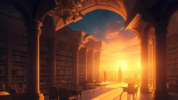 Un paesaggio surreale di una biblioteca piena di libri di filosofia con il sole che tramonta sullo sfondo