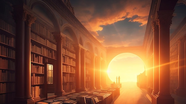 Un paesaggio surreale di una biblioteca piena di libri di filosofia con il sole che tramonta sullo sfondo