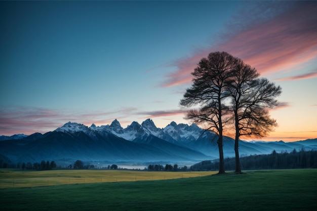 Un paesaggio tranquillo e sereno dell'ora blu con le silhouette di alberi e montagne contro