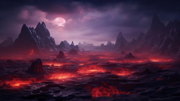 Un paesaggio ultraterreno con una luna luminosa e flussi di lava fiammeggiante