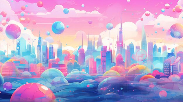 Un paesaggio urbano colorato con bolle galleggianti nel cielo