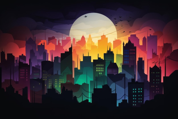 Un paesaggio urbano colorato con una luna sullo sfondo.