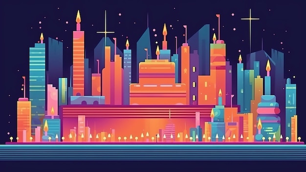 Un paesaggio urbano colorato con uno skyline della città al neon.
