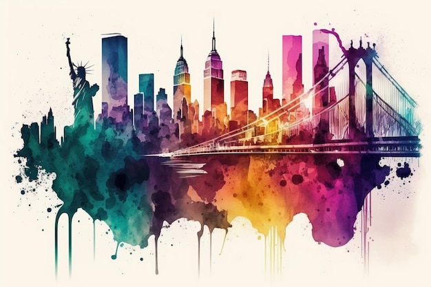 Un paesaggio urbano colorato con uno skyline di manhattan a new york sullo sfondo