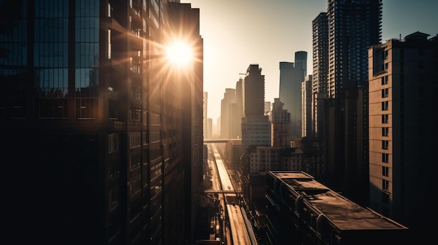 Un paesaggio urbano con il sole che splende attraverso il paesaggio urbano