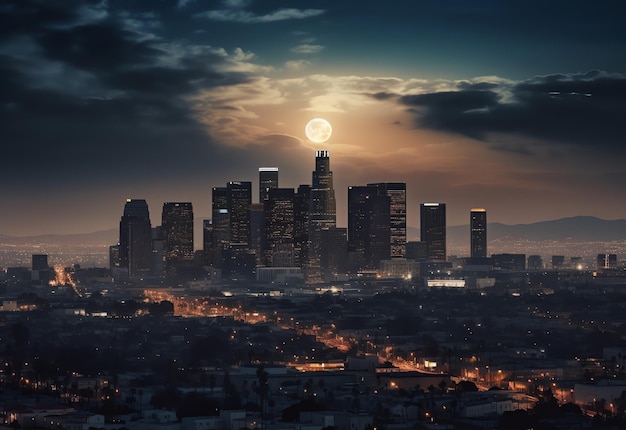 Un paesaggio urbano con la luna nel cielo