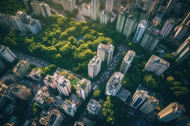 Un paesaggio urbano con un albero verde nel mezzo