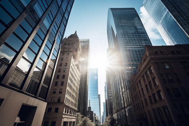 Un paesaggio urbano con un cielo blu e un edificio con il sole che splende attraverso di esso