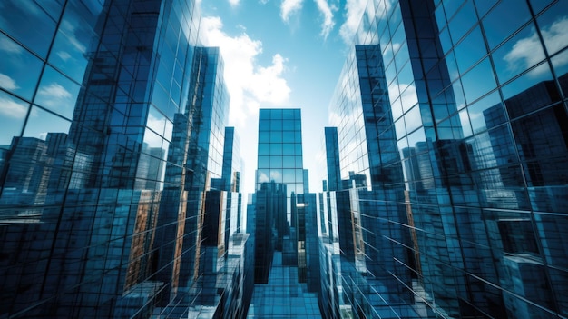 Un paesaggio urbano con un cielo blu e un edificio con molte finestre di vetro