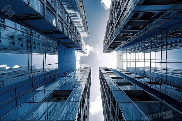 Un paesaggio urbano con un cielo blu e un edificio con una nuvola bianca al centro