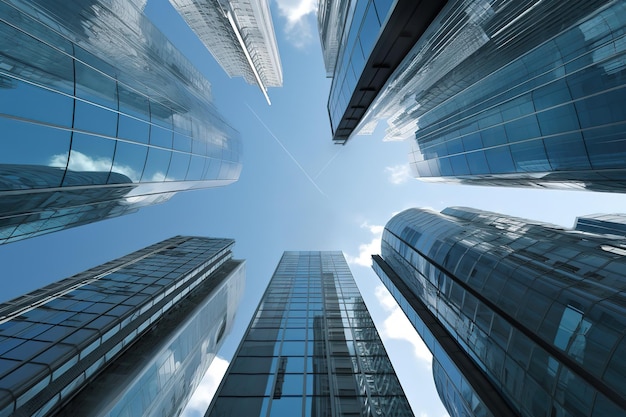 Un paesaggio urbano con un cielo blu e un edificio con una nuvola bianca al centro