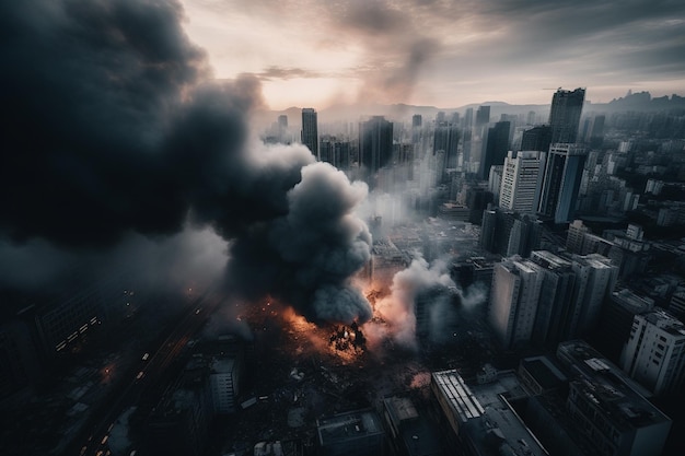 Un paesaggio urbano con un cielo scuro e fumo e la parola fuoco sopra