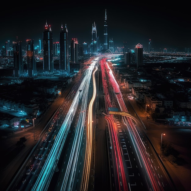 Un paesaggio urbano con un edificio sullo sfondo e le luci dell'edificio sono accese.