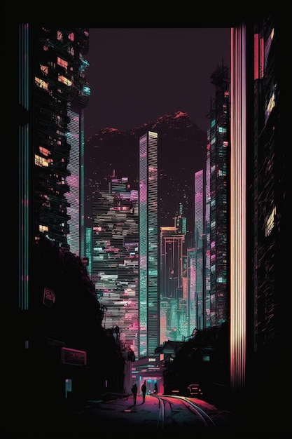 Un paesaggio urbano con un'insegna al neon che dice "cyberpunk"