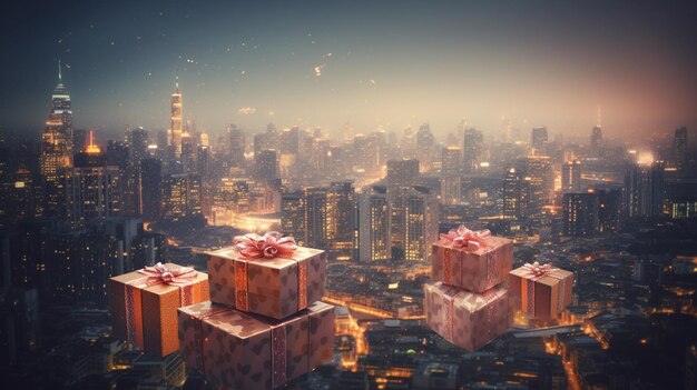 Un paesaggio urbano con un mucchio di scatole con una città sullo sfondo.