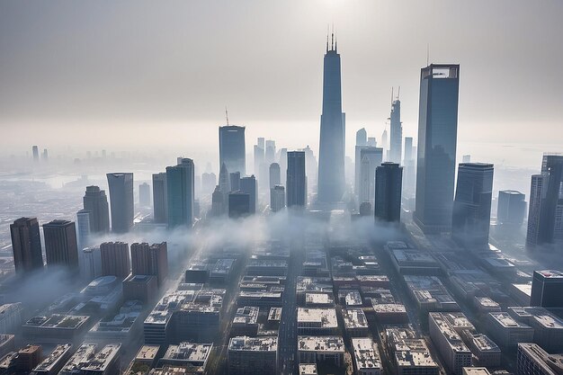 Un paesaggio urbano con un paesaggio cittadino nebbioso sullo sfondo