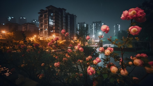 Un paesaggio urbano con un ponte e fiori in primo piano.