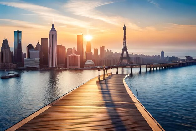 Un paesaggio urbano con un ponte e la città sullo sfondo.